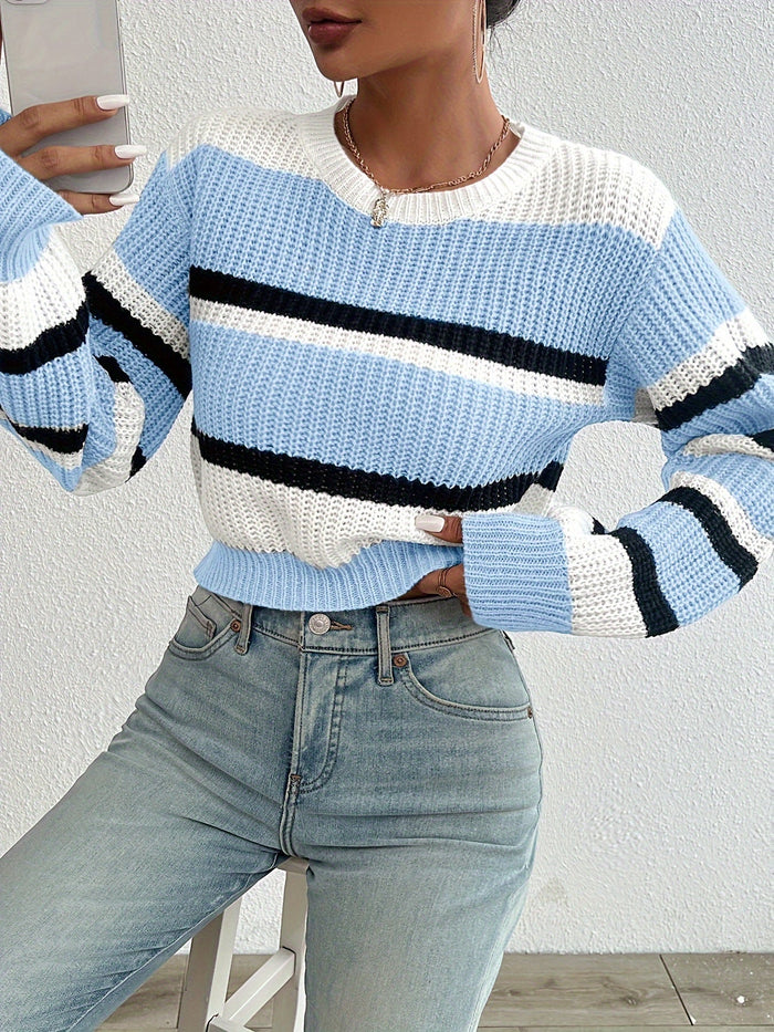 Women's Striped Cropped Sweater with Ribbed Crew Neck