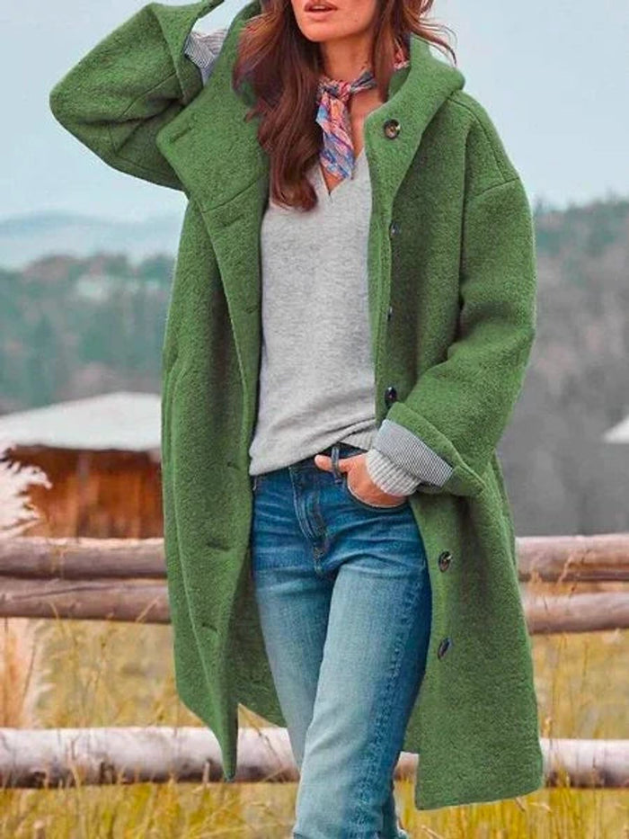Women's Hooded Button-Front Coat Long Sleeve with Side Pockets