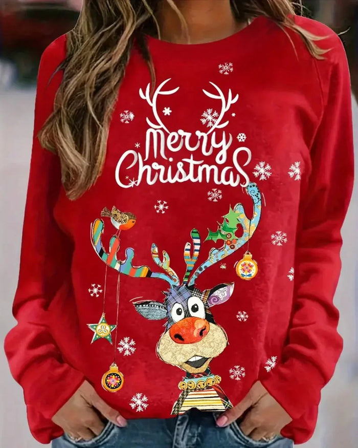 Women's Burgundy Christmas Crew Neck Pullover Reindeer