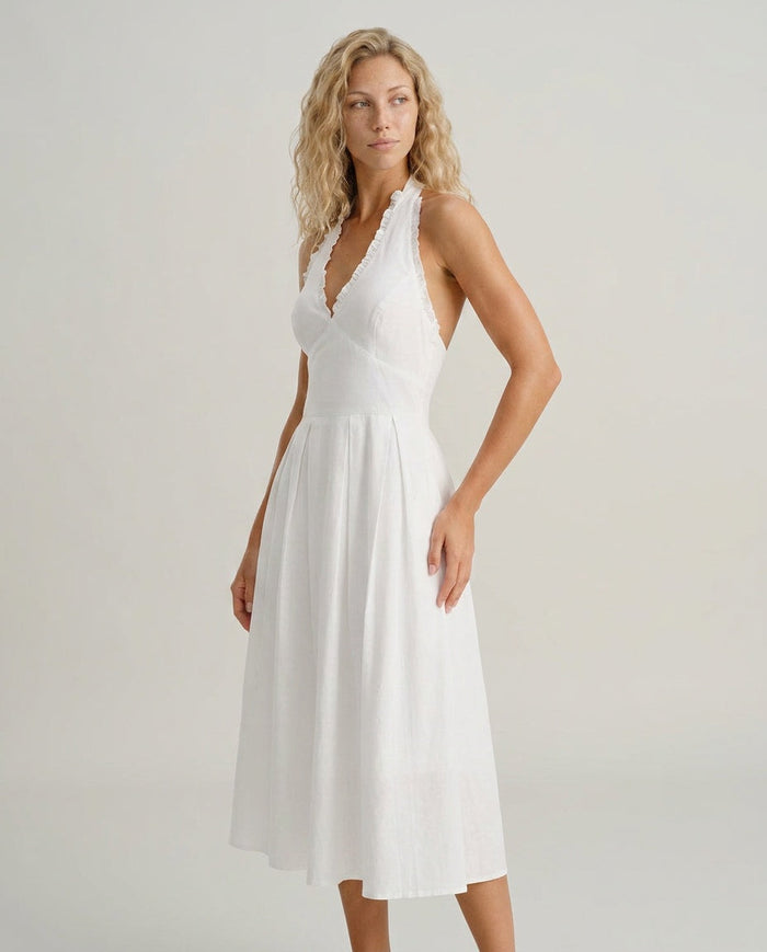 Neve | V-Neck Halter Sleeveless White Midi Dress