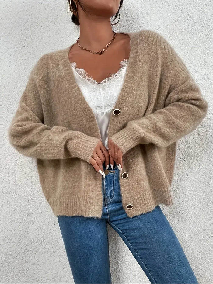 Women's V-Neck Cardigan with Button Front and Relaxed Fit