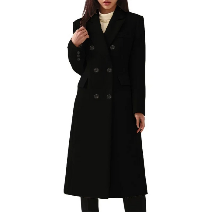 Women's Double-Breasted Long Wool Coat with Notched Collar