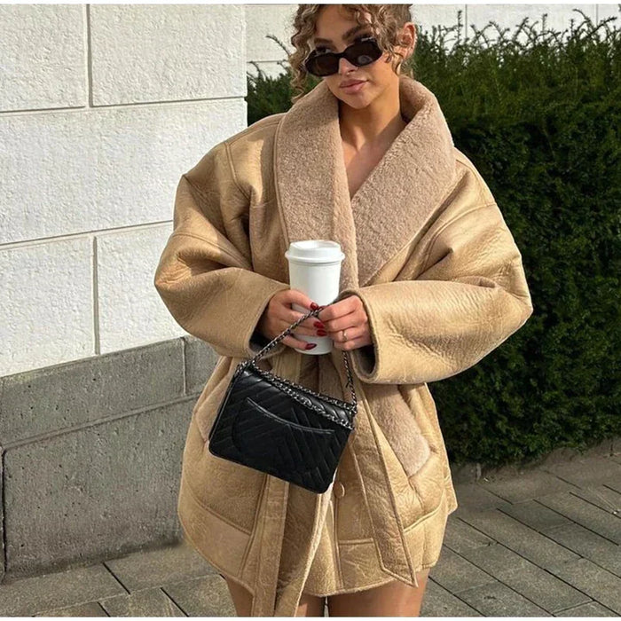 Women's Oversized Shearling Jacket with Wide Collar