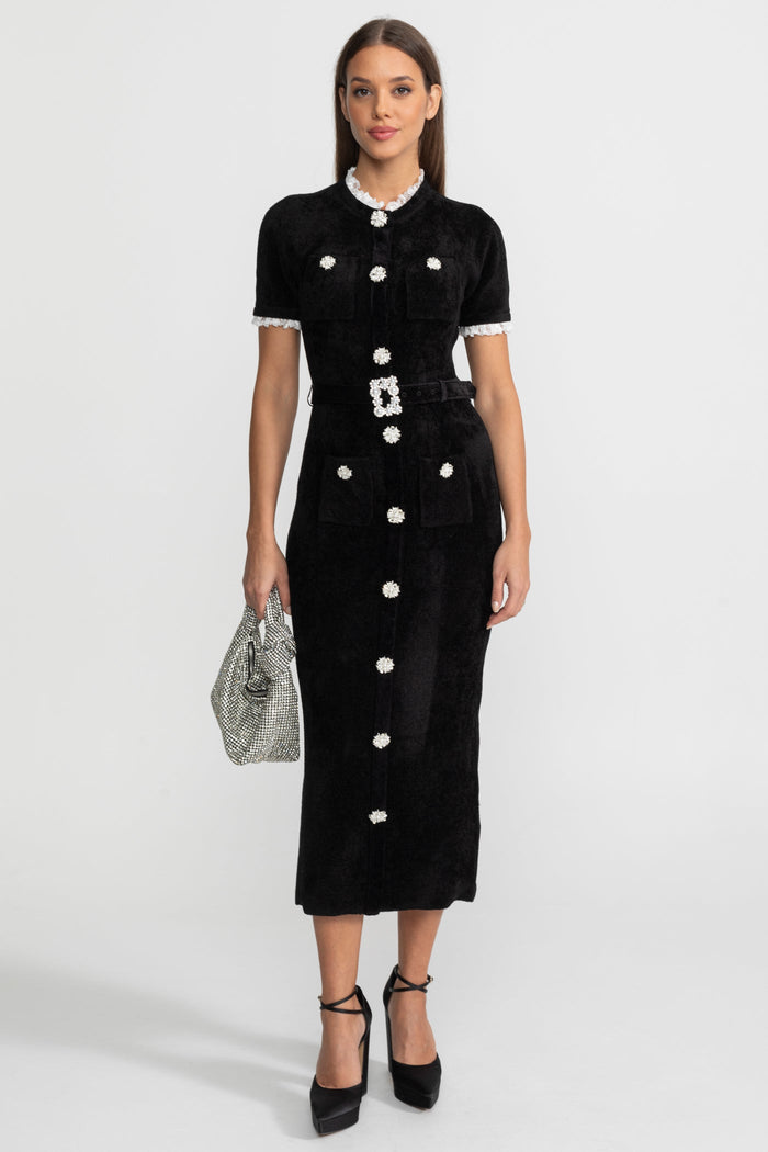 Lucette | Crystal Button Lace Trim Midi Dress