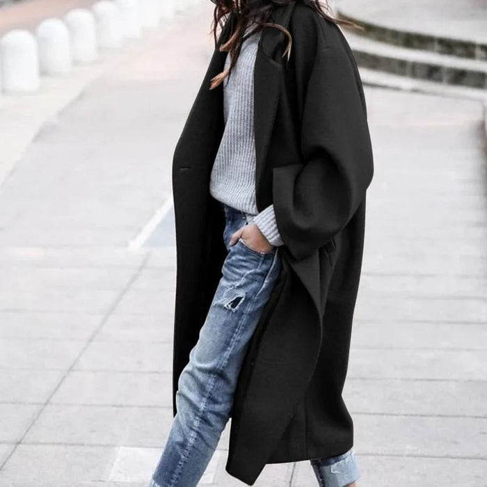 Women's Long Wool Coat with Wide Collar and Belted Waist