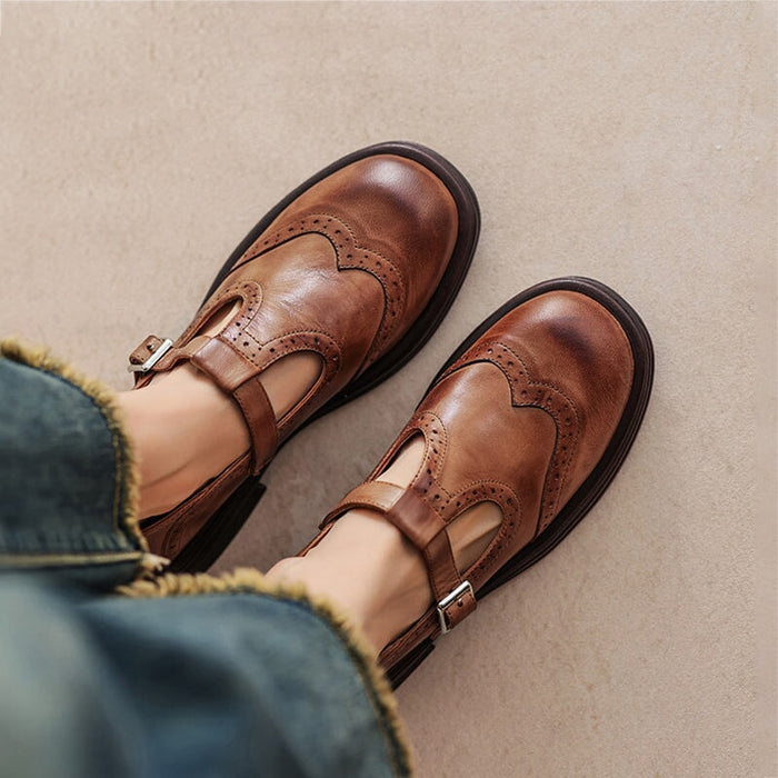 Women's Mary Jane Loafers with Buckle Strap and Brogue Detail