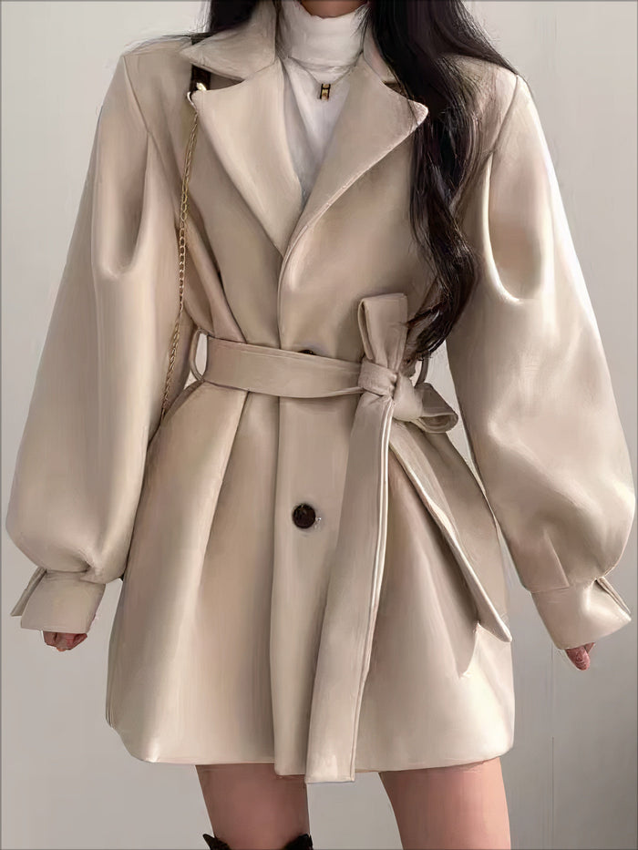 Women's Belted Wool Blend Coat Notched Collar Mid-Length