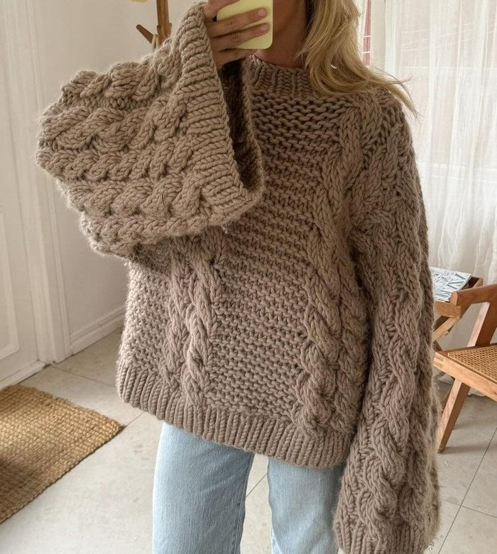 Women's Cable Knit Crewneck Sweater with Chunky Sleeves