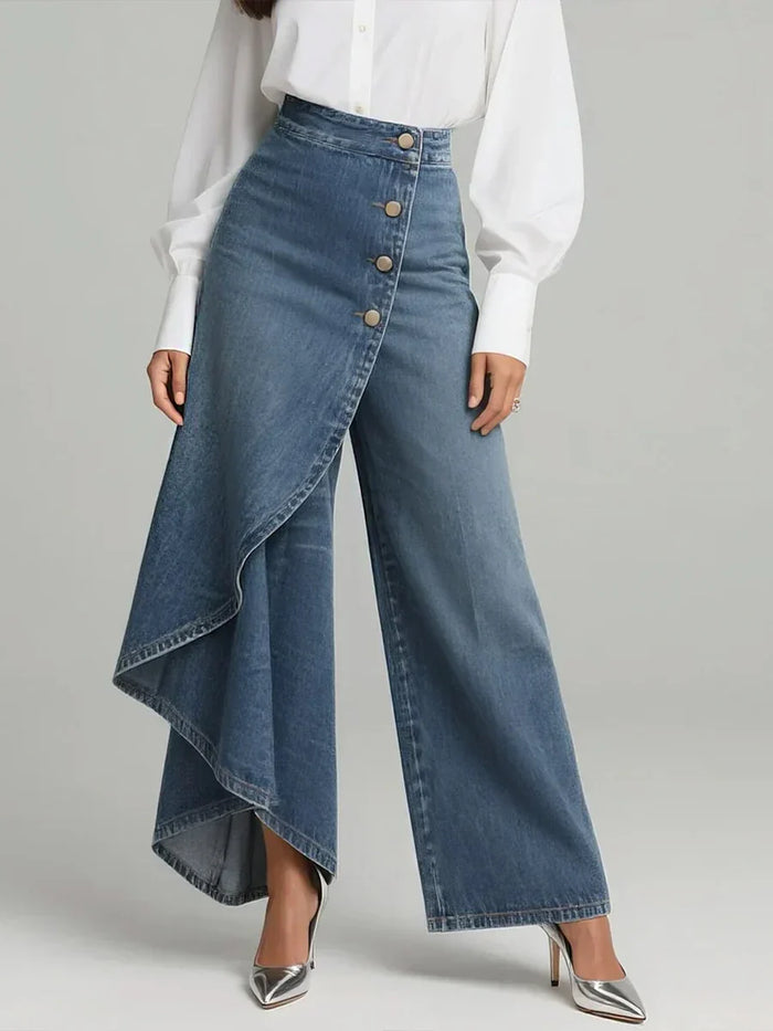 Women's High-Waisted Wide-Leg Pants with Button Detail