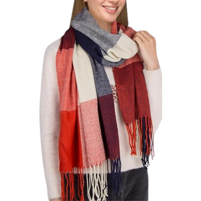 Women's Oversized Check Scarf with Fringe Trim