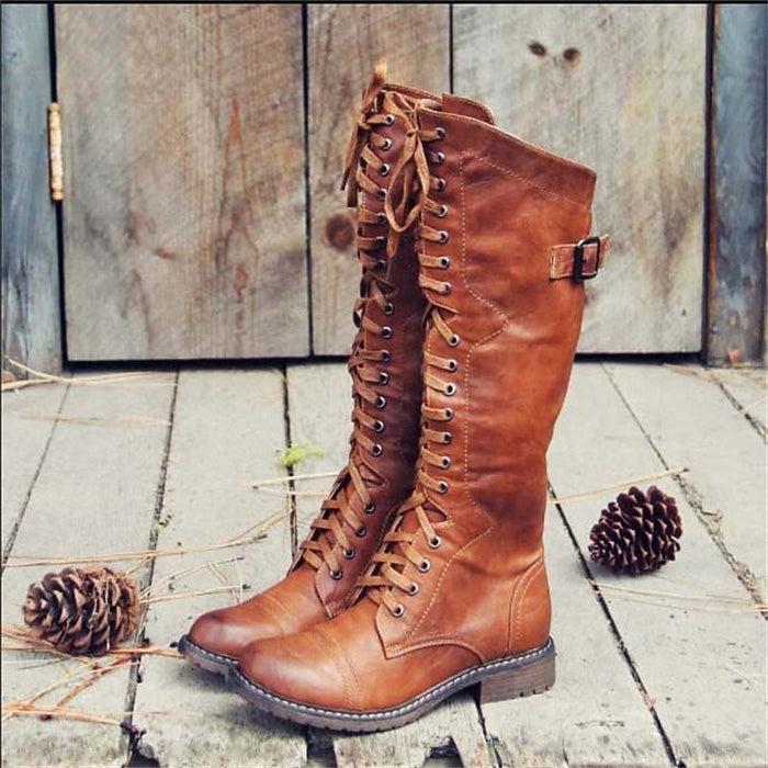 Women's Tall Lace-Up Riding Boots with Buckle Strap