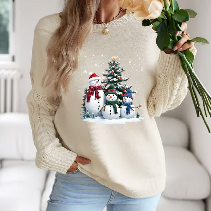 Women's Snowman Print Christmas Sweater Cable Knit Sleeves