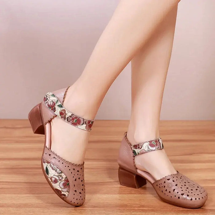 Women's Perforated Mary Jane Shoes Block Heel Hook and Loop