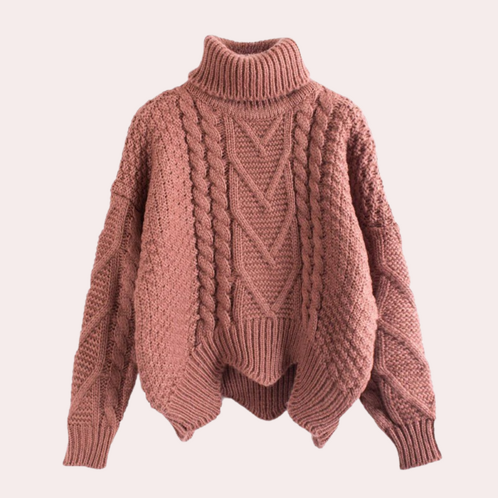 Women's Cable-Knit Turtleneck Sweater with Scalloped Hem