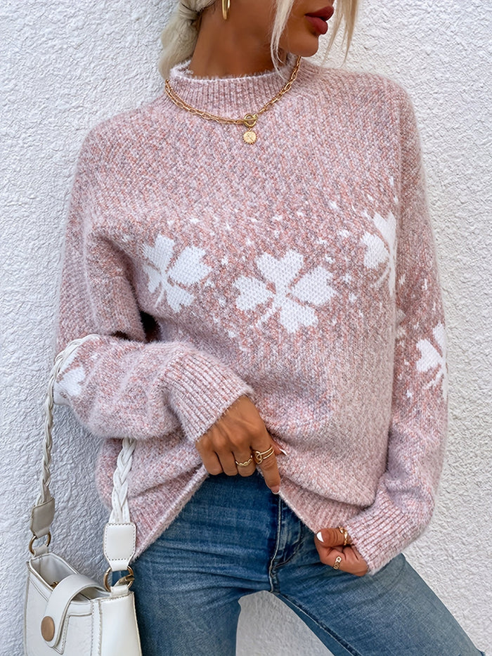 Women's Crew Neck Pullover Sweater Four Leaf Clover Pattern