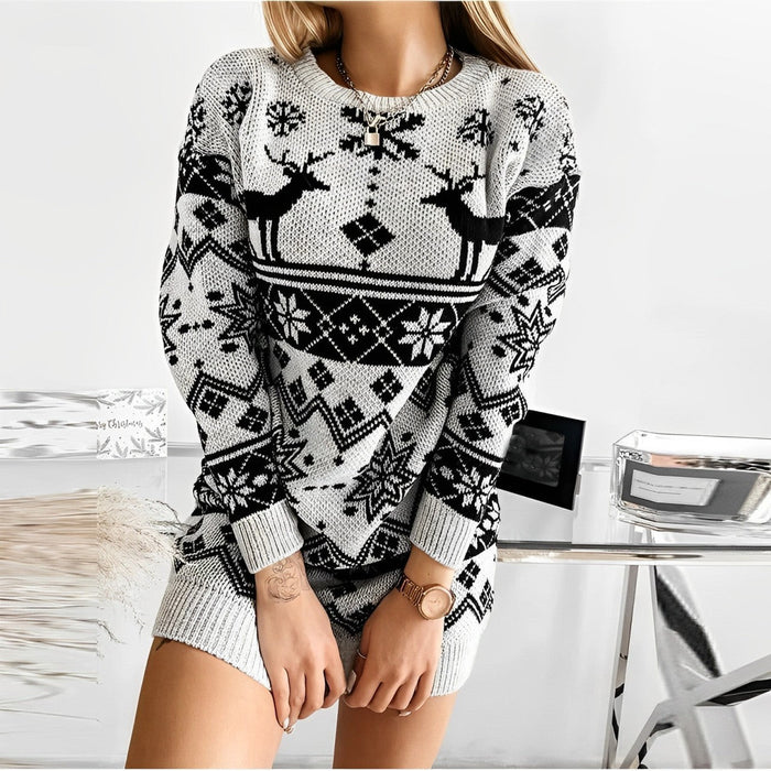 Women's Christmas Sweater Dress with Reindeer Print