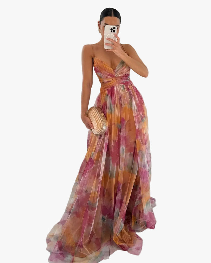 Women's Watercolor Mesh Maxi Dress with Wrap Bodice